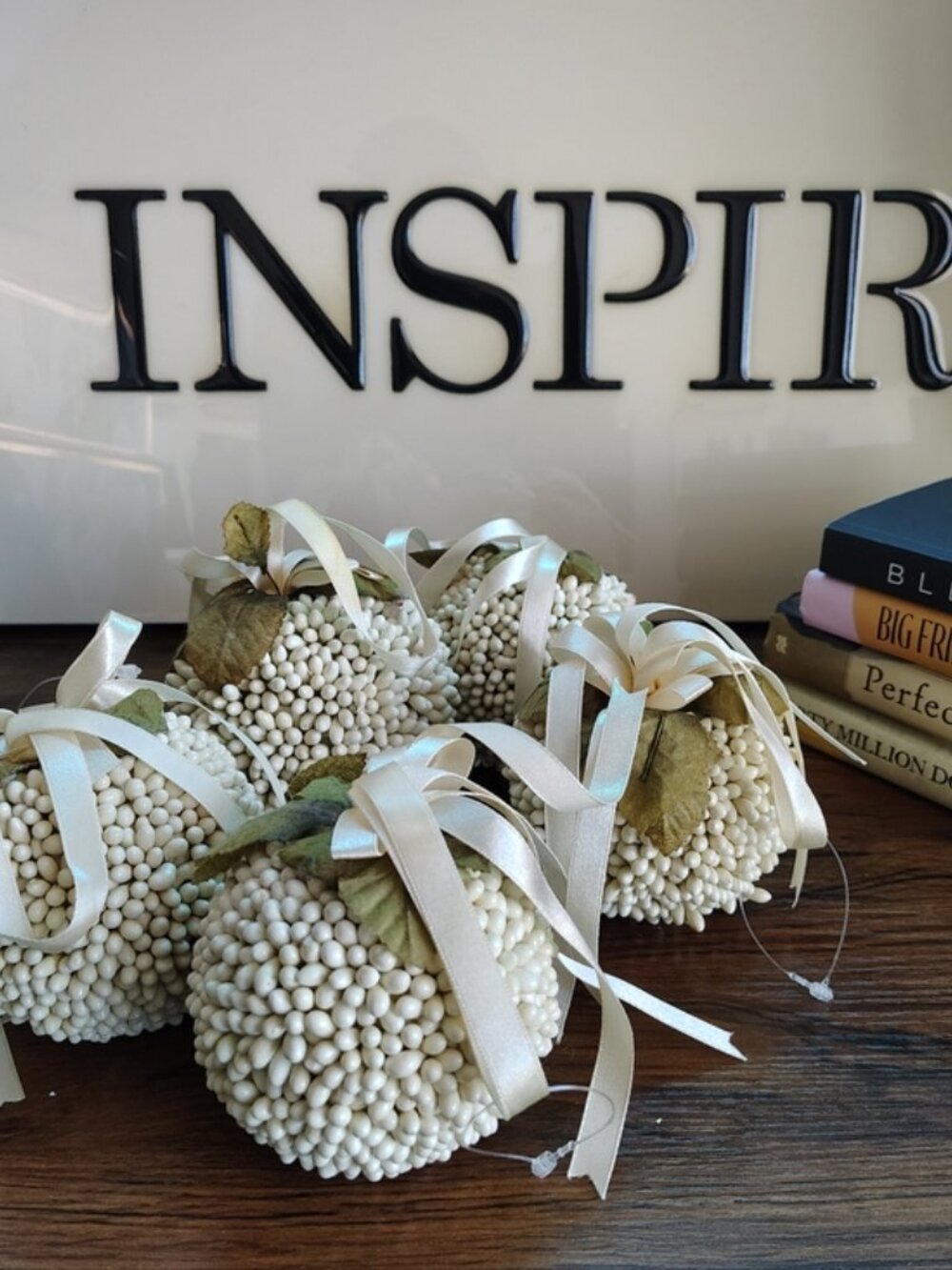 Set of 5 Off White Decorative Ball Ornaments Satin Bow Home Decor Accent Set - Picture 5 of 6